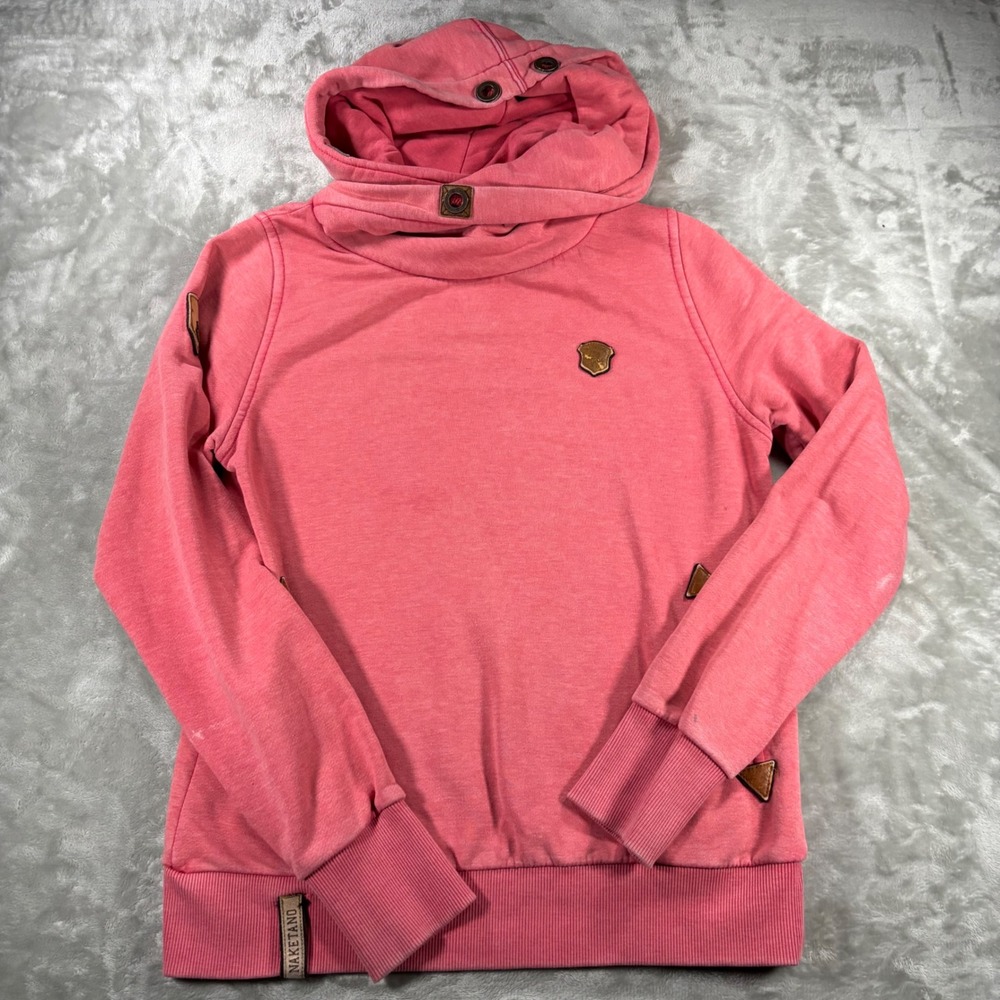 Naketano Poets Choice Pink High Neck Hoodie Pullover Faux Leather Patches Size M